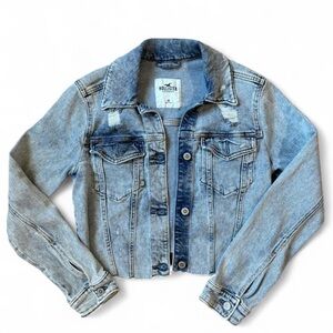 Hollister Faded Blue Distressed Cropped Denim Jacket